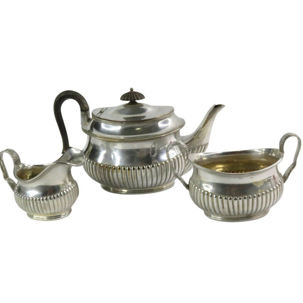 Silver Plate Tea Set Tea Pot with Matching Creamer and Sugar King George III